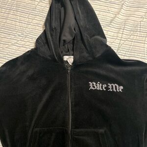 Black Zip-Up Hoodie with 'Bite Me' Design